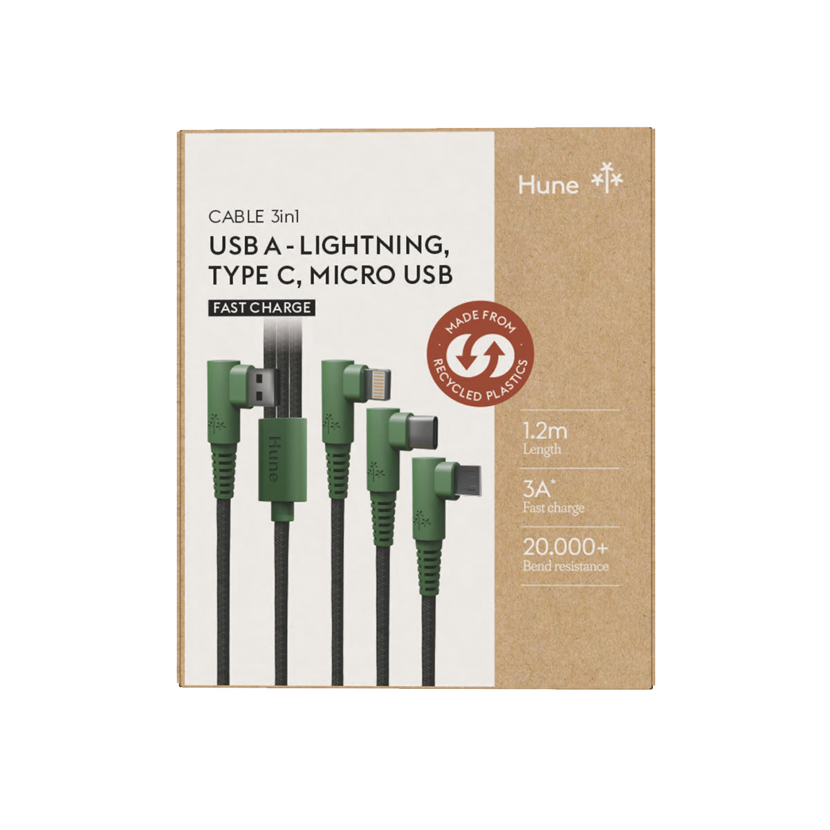 HUNE HIEDRA 3 in 1 – Cavo Universale USB-A a USB-C, Lightning e Micro USB in Materiali Riciclati