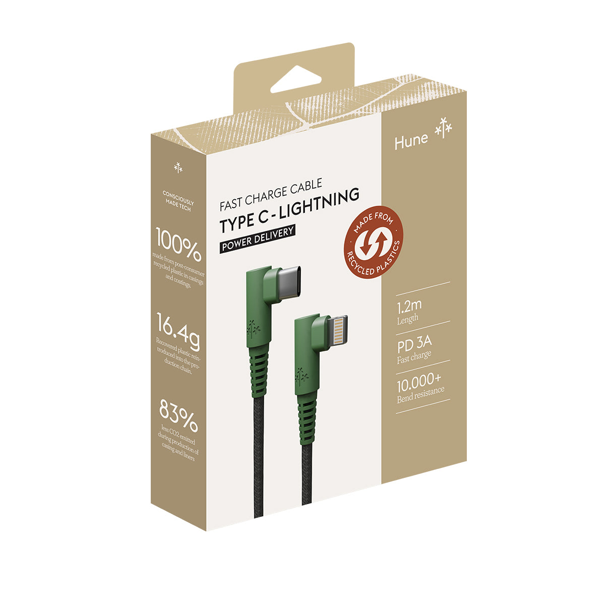 HUNE HIEDRA CL – Cavo USB-C a Lightning con Connettore a 90° in Materiali Riciclati