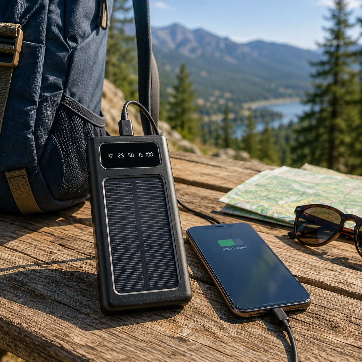 Livoo Solar Power Bank 10.000 mAh – Batteria Esterna Solare 10W con Cavi Integrati e Torcia LED