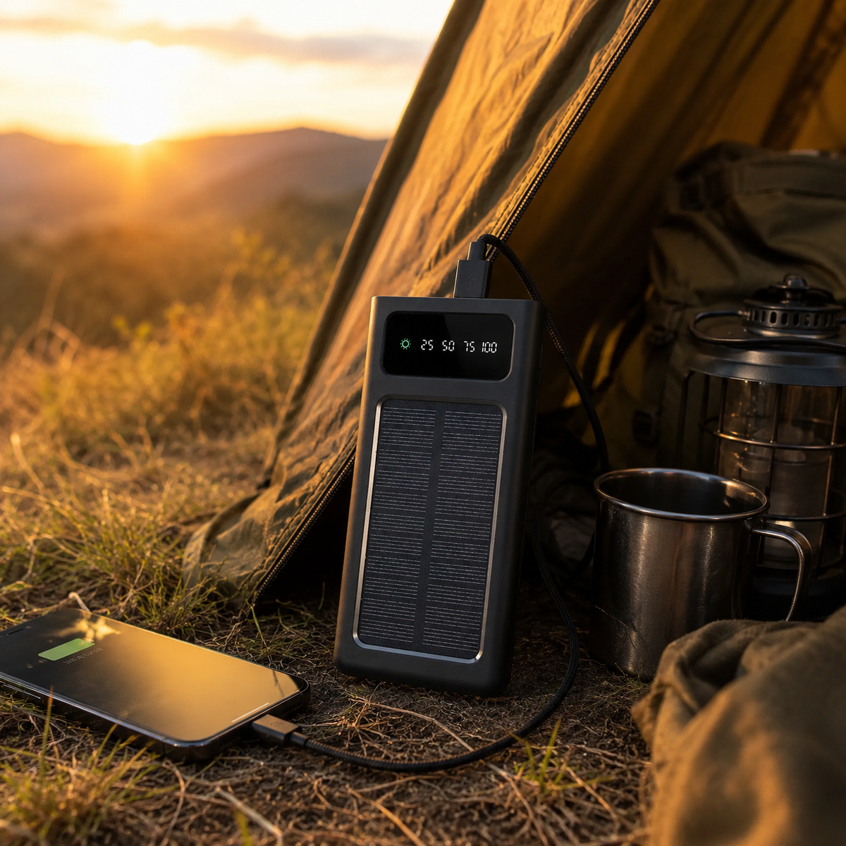 Livoo Solar Power Bank 10.000 mAh – Batteria Esterna Solare 10W con Cavi Integrati e Torcia LED