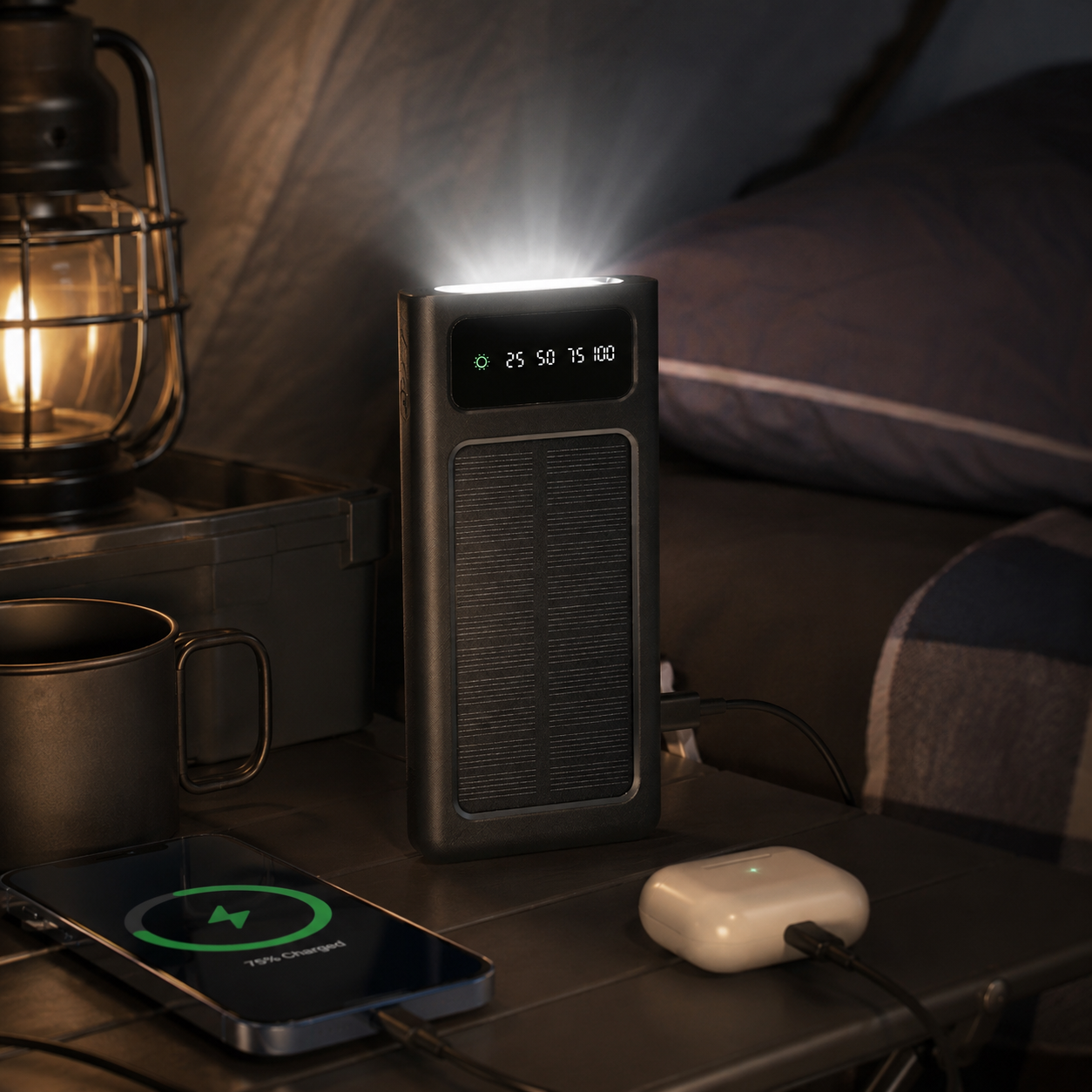 Livoo Solar Power Bank 10.000 mAh – Batteria Esterna Solare 10W con Cavi Integrati e Torcia LED