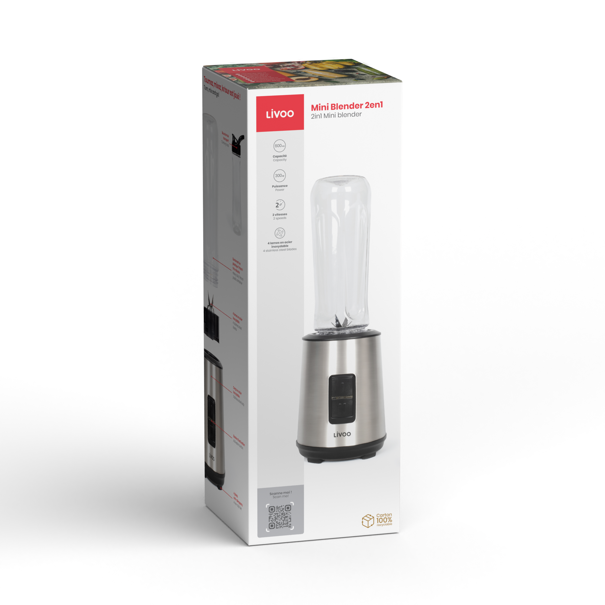 Delta Mini Blender 600 ml – Frullatore Portatile con Bottiglia To-Go da 600 ml