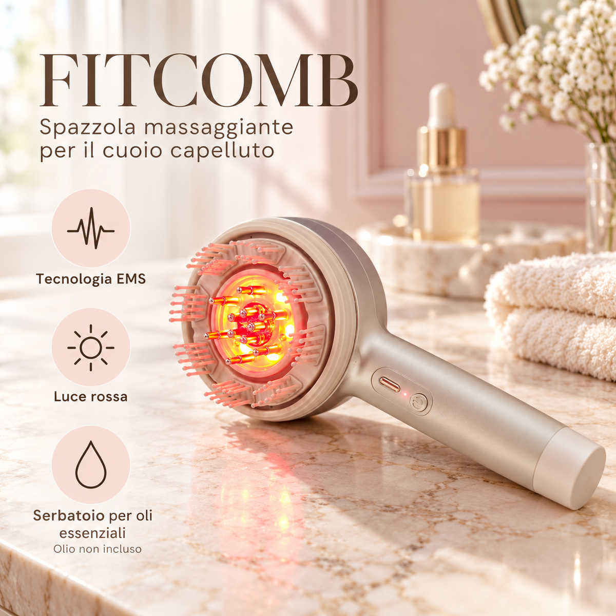 FITPADDY FITCOMB – Spazzola Massaggiante Cuoio Capelluto con EMS e Luce Rossa