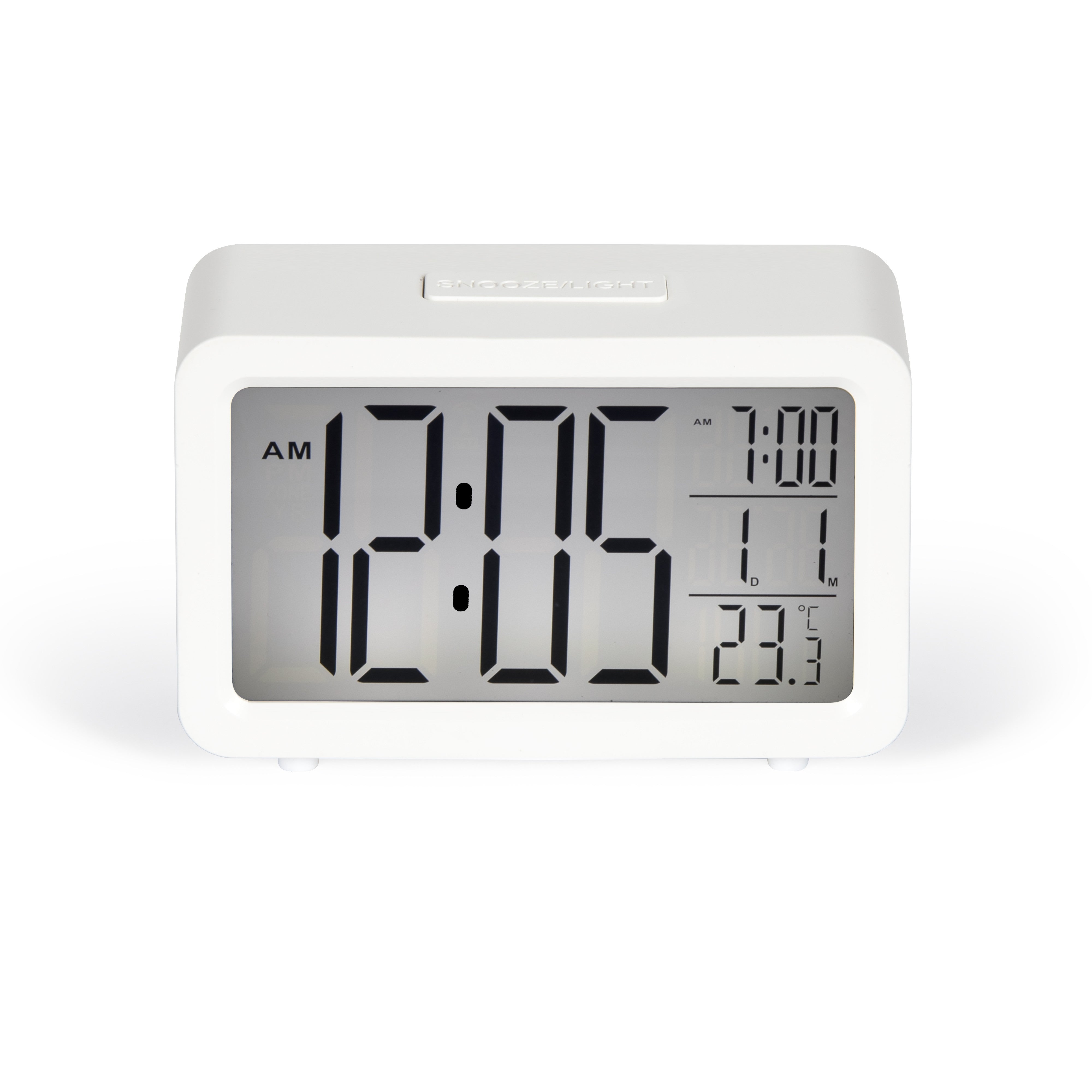 Delta Digital Alarm Clock White – Sveglia Digitale Bianca con Display LCD, Doppio Allarme e Temperatura