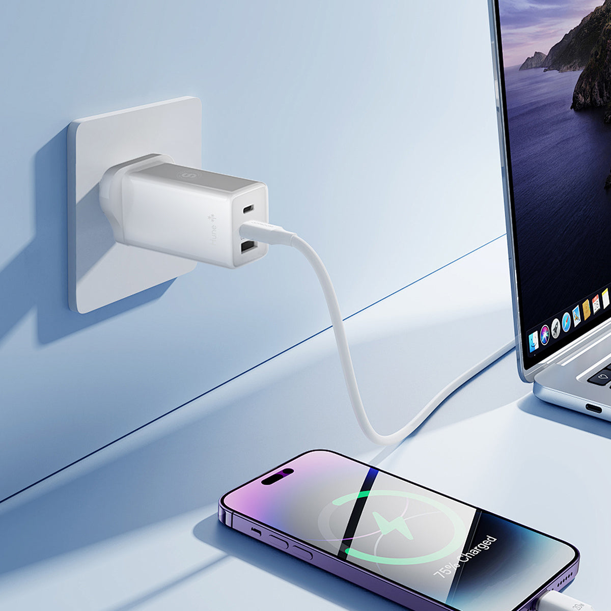 HUNE HURON 65W – Caricatore GaN Multiporta 2 USB-C + USB-A in Materiali Riciclati