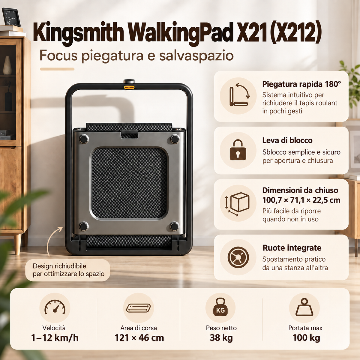 Kingsmith WalkingPad X21 (X212) – Tapis Roulant Pieghevole 1–12 km/h