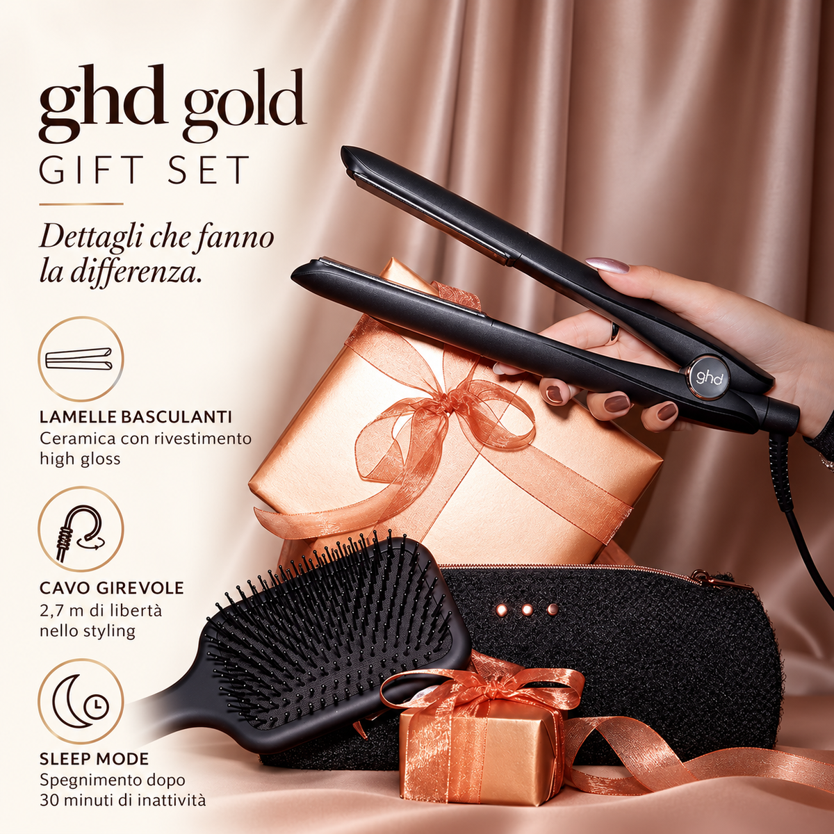 ghd Gold Gift Set – Piastra Professionale Nera con Spazzola e Pochette Termoresistente