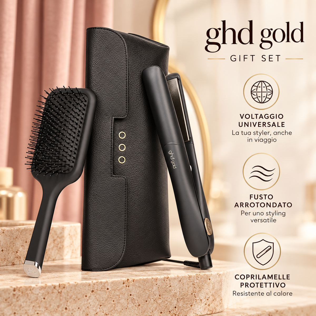 ghd Gold Gift Set – Piastra Professionale Nera con Spazzola e Pochette Termoresistente