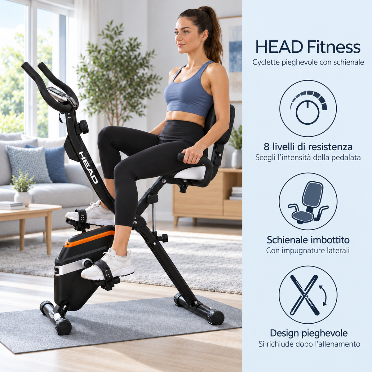 HEAD Fitness – Cyclette Pieghevole con Schienale e Bluetooth