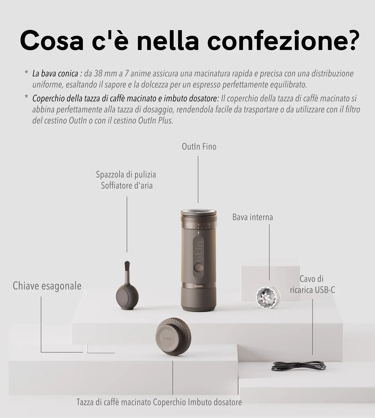 OutIn Fino Coffee Grinder Sandstone White – Macinacaffè Elettrico Portatile con 28 Regolazioni