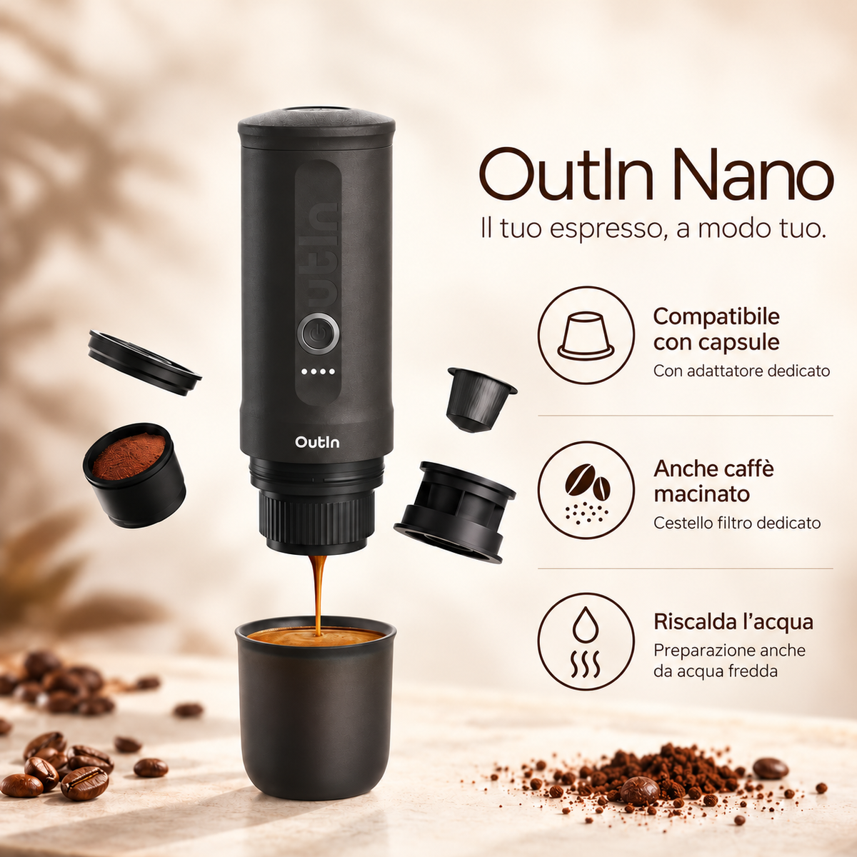 OutIn Nano – Macchina da Caffè Espresso Portatile Elettrica con Riscaldamento