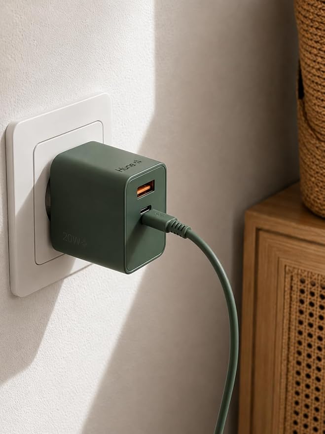 HUNE Huron C20 – Caricatore Muro Dual Type C & USB-C 20W GaN in Materiali Riciclati