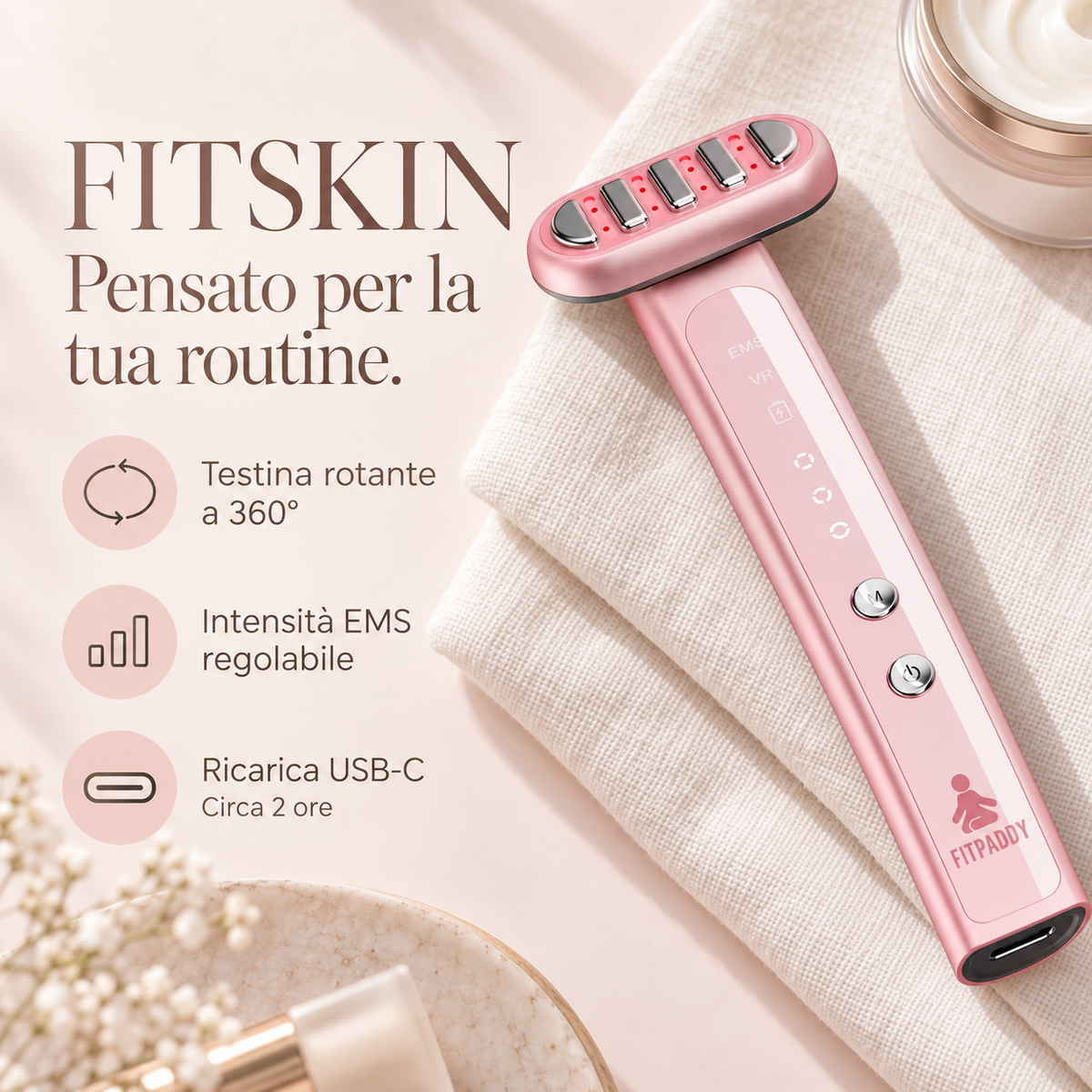 FITPADDY FITSKIN – Massaggiatore Viso con EMS, LED, Calore e Testina 360°