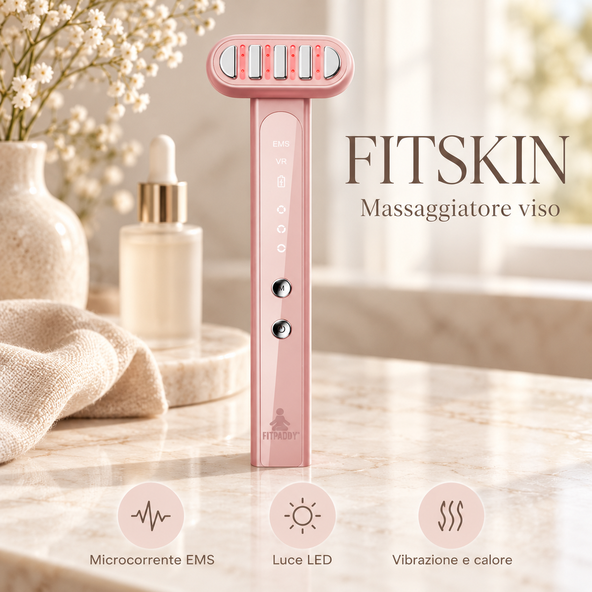 FITPADDY FITSKIN – Massaggiatore Viso con EMS, LED, Calore e Testina 360°
