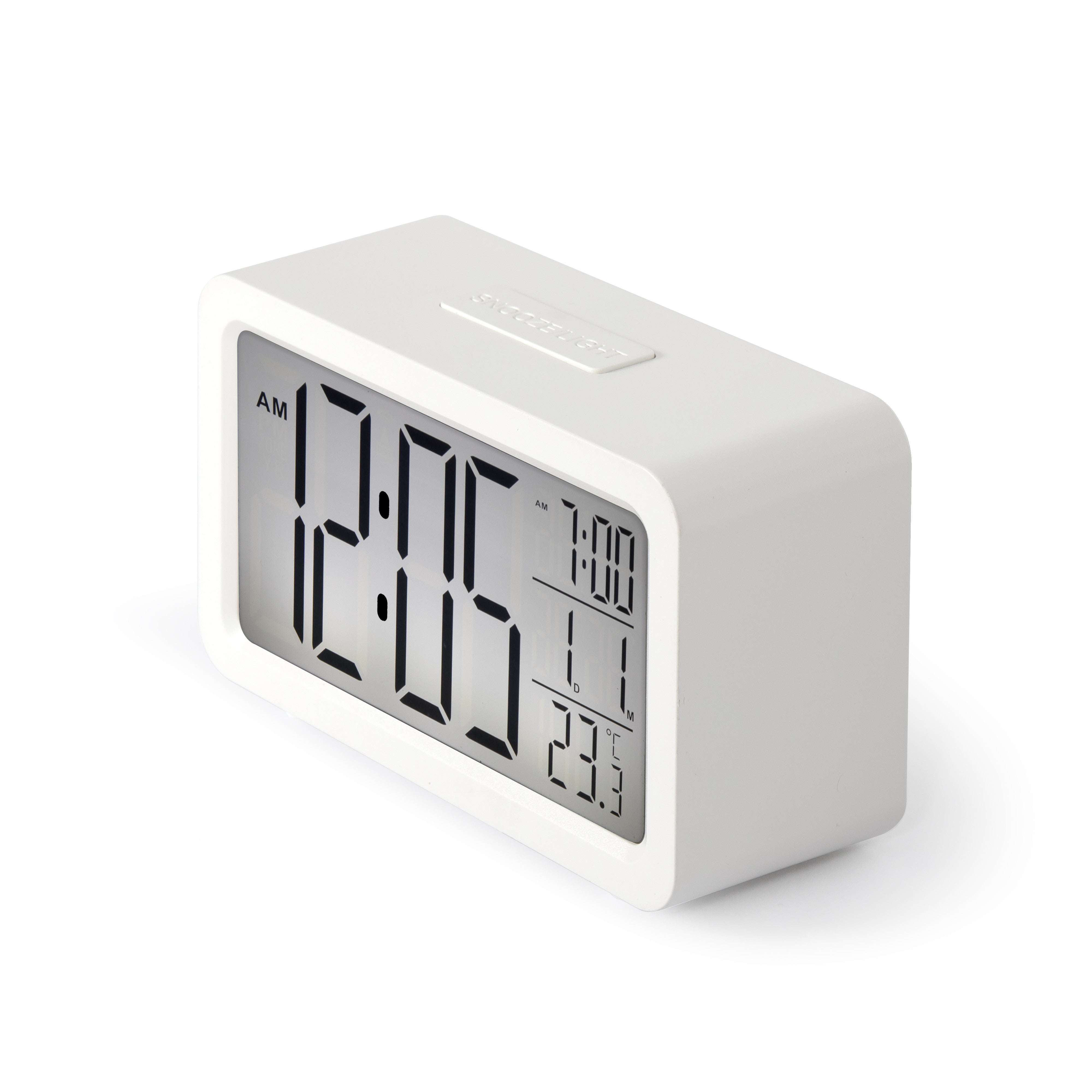 Delta Digital Alarm Clock White – Sveglia Digitale Bianca con Display LCD, Doppio Allarme e Temperatura