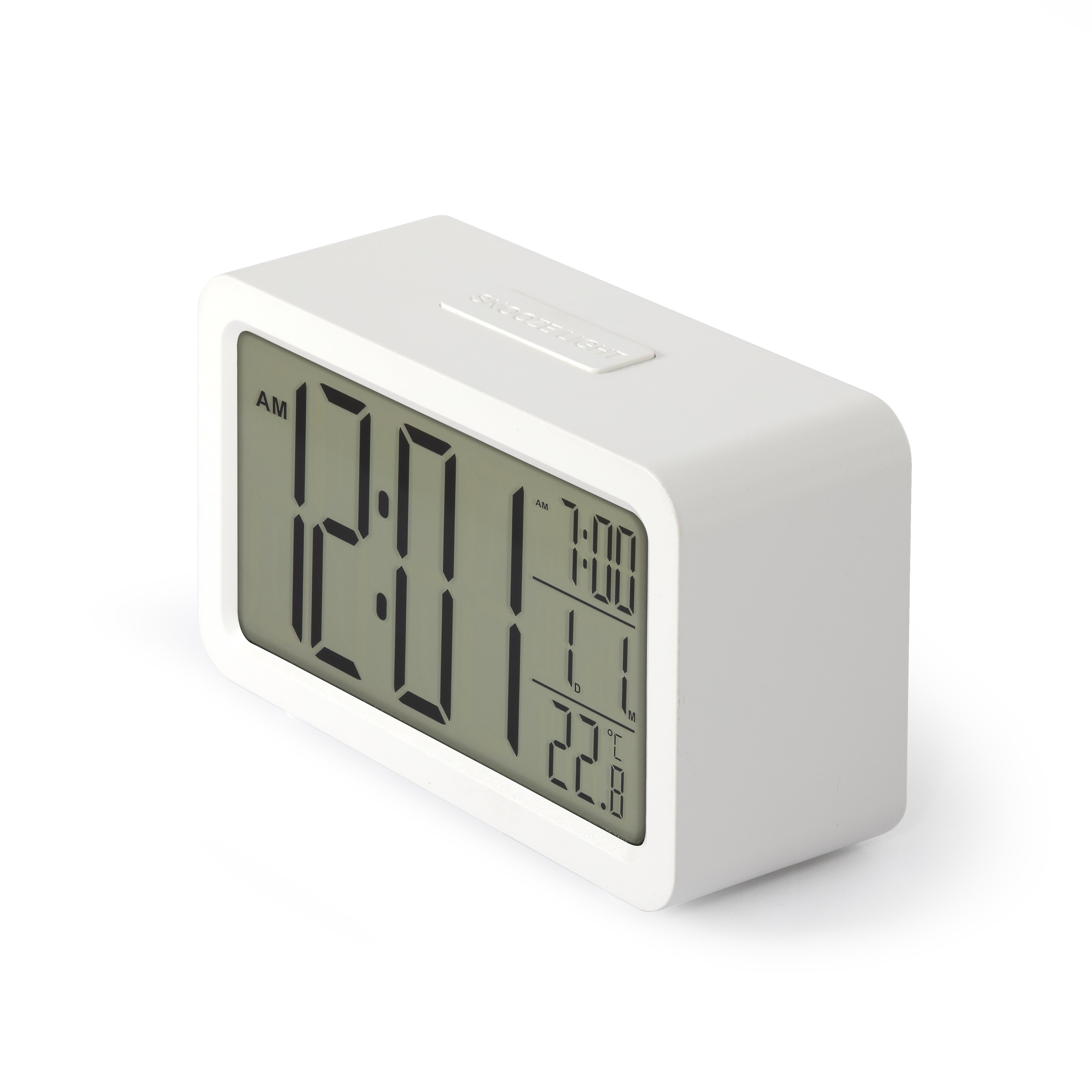 Delta Digital Alarm Clock White – Sveglia Digitale Bianca con Display LCD, Doppio Allarme e Temperatura
