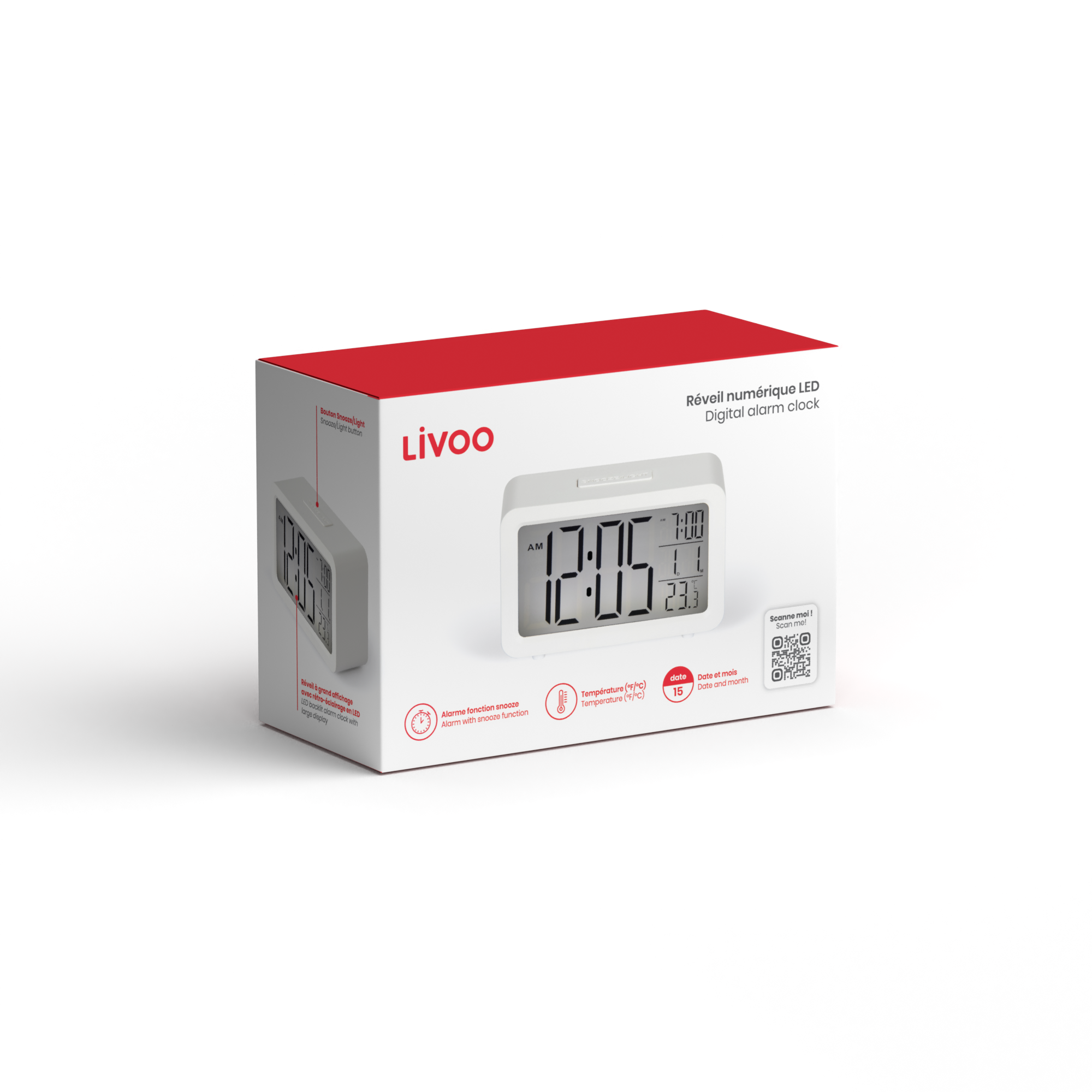 Delta Digital Alarm Clock White – Sveglia Digitale Bianca con Display LCD, Doppio Allarme e Temperatura