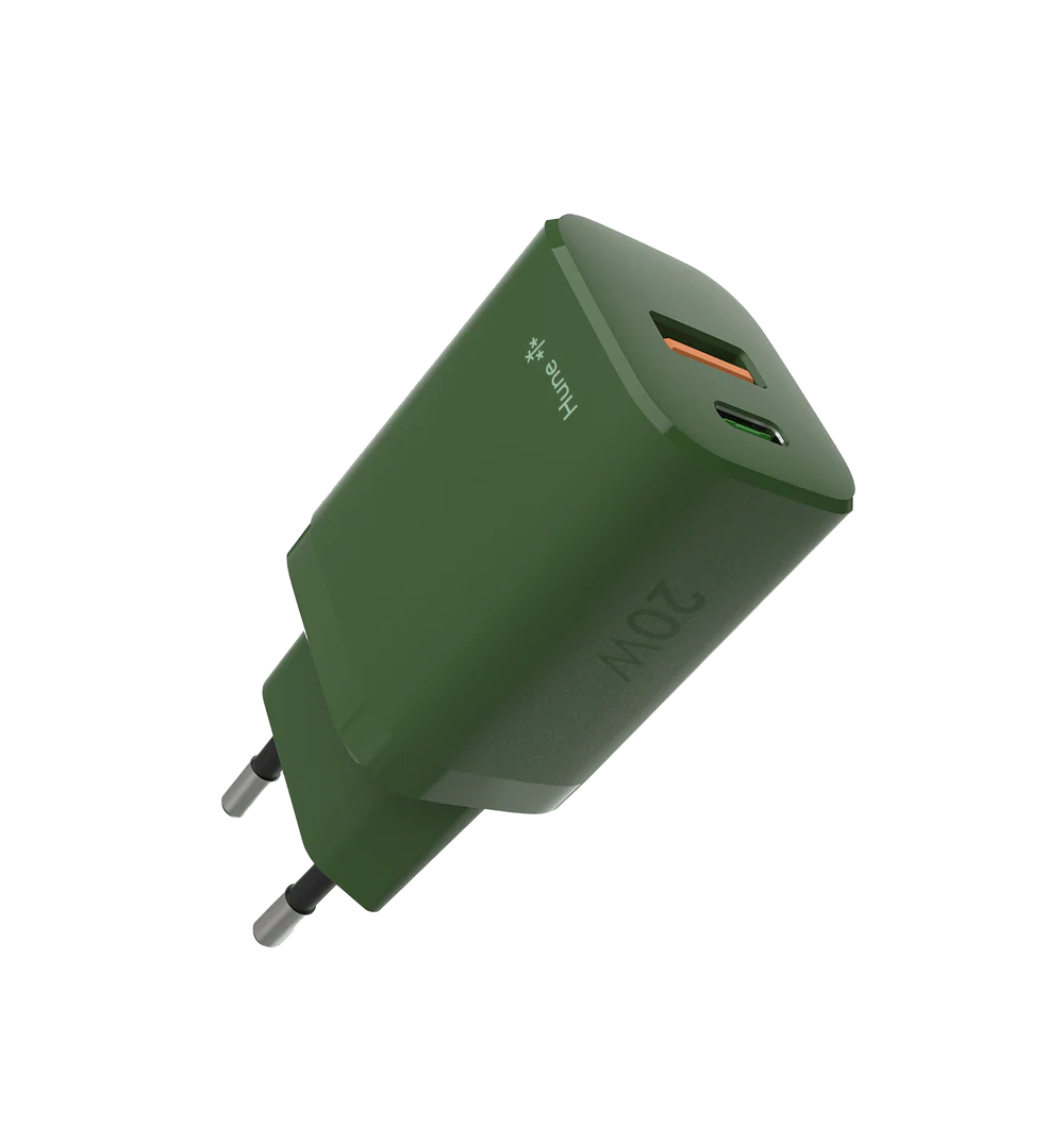 HUNE Huron C20 – Caricatore Muro Dual Type C & USB-C 20W GaN in Materiali Riciclati