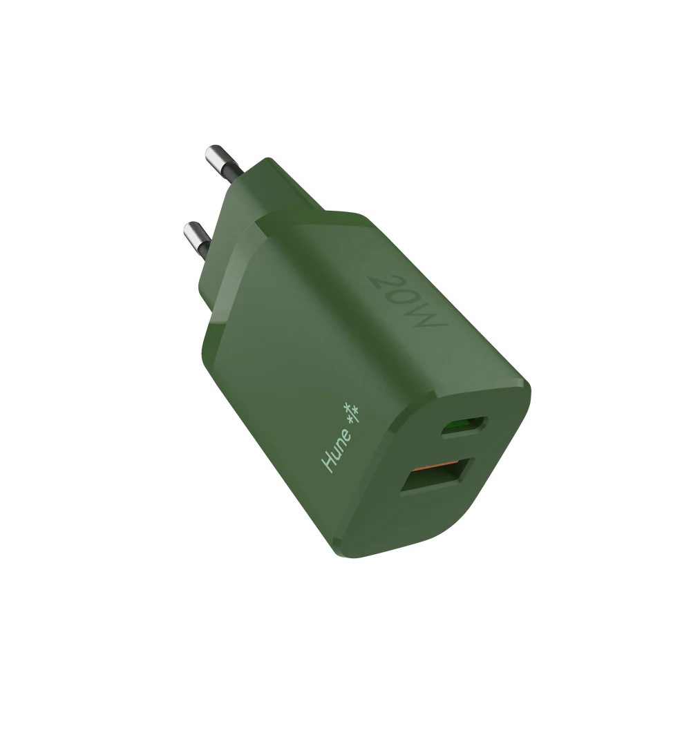 HUNE Huron C20 – Caricatore Muro Dual Type C & USB-C 20W GaN in Materiali Riciclati