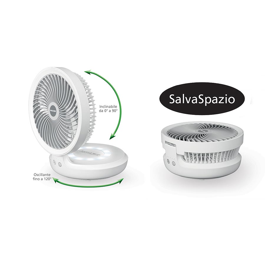 Macom Compact Cordless Fan 990 – Ventilatore da Tavolo Ricaricabile USB con Luce LED