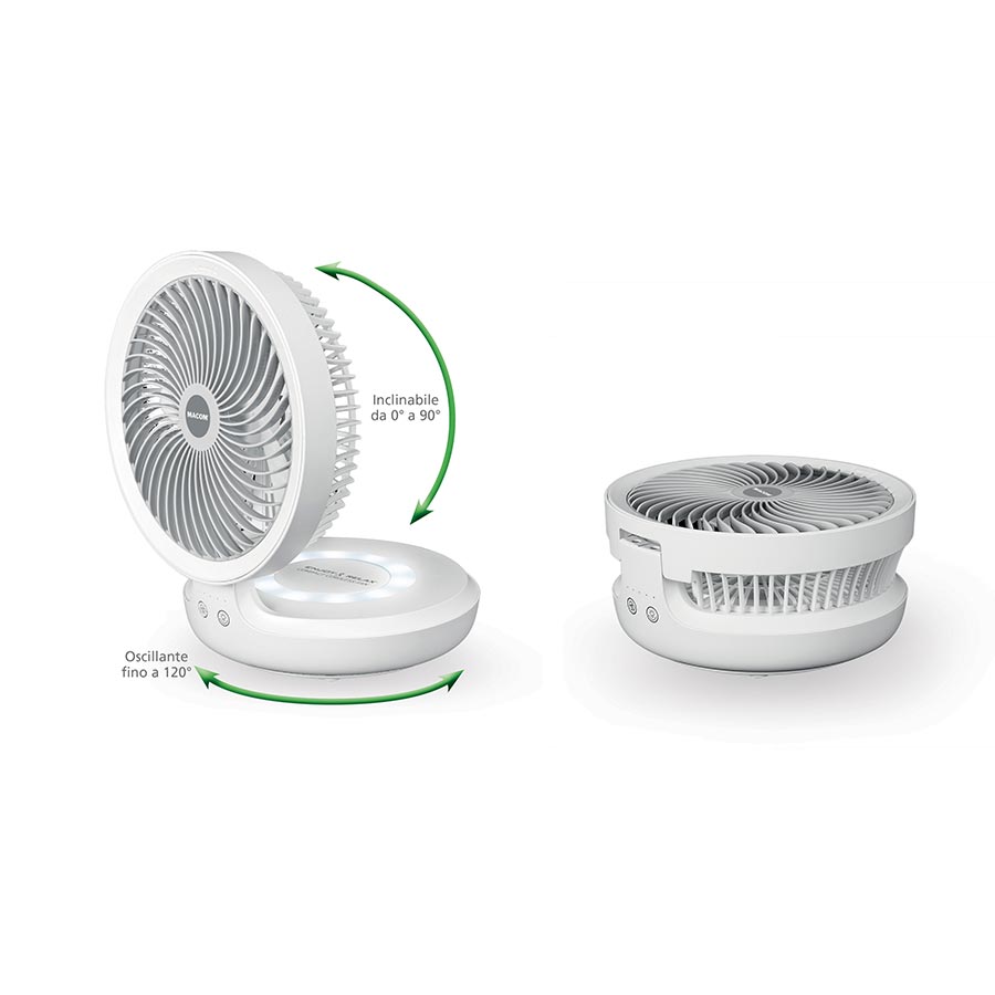 Macom Compact Cordless Fan 990 – Ventilatore da Tavolo Ricaricabile USB con Luce LED