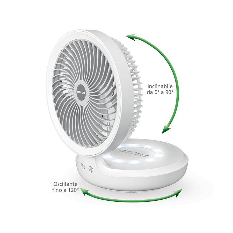 Macom Compact Cordless Fan 990 – Ventilatore da Tavolo Ricaricabile USB con Luce LED