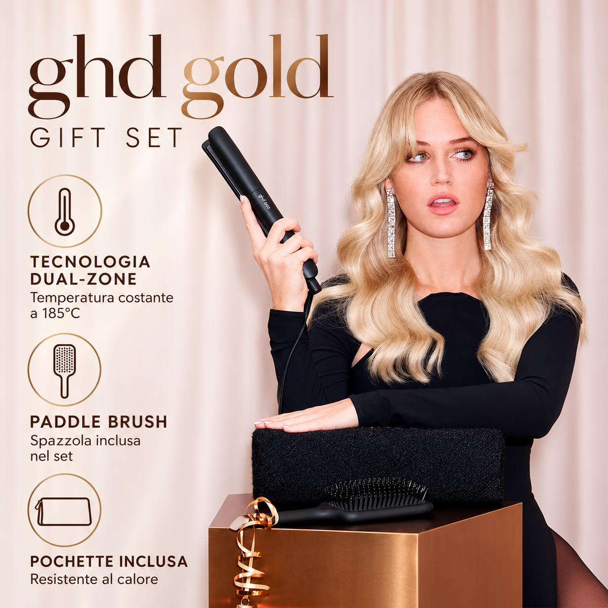 ghd Gold Gift Set – Piastra Professionale Nera con Spazzola e Pochette Termoresistente