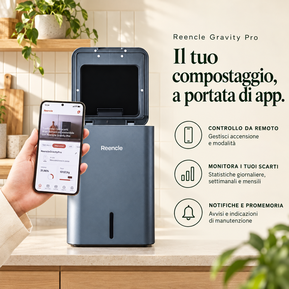 Reencle Gravity Pro – Compostatore Elettrico Smart con App e Microrganismi