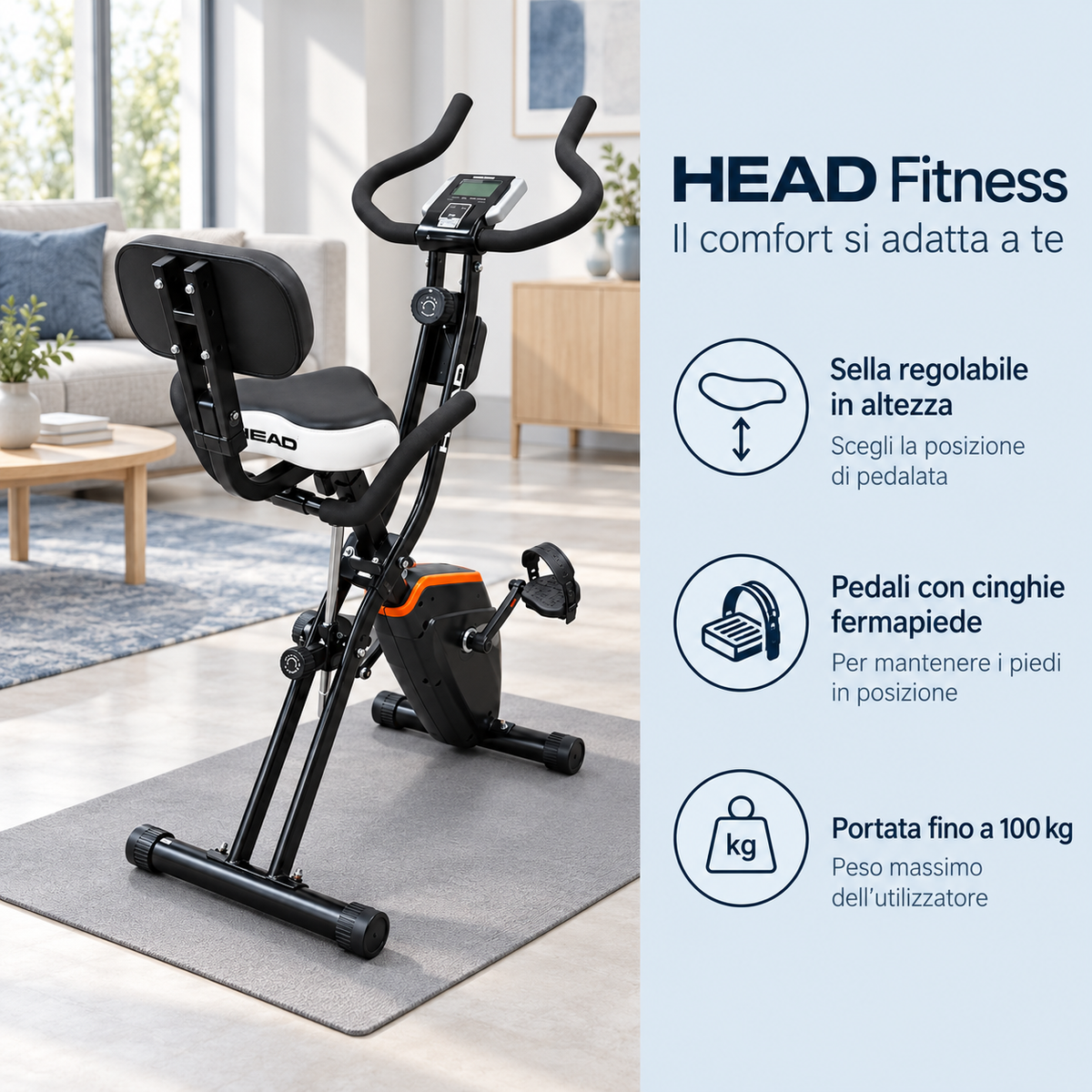HEAD Fitness – Cyclette Pieghevole con Schienale e Bluetooth